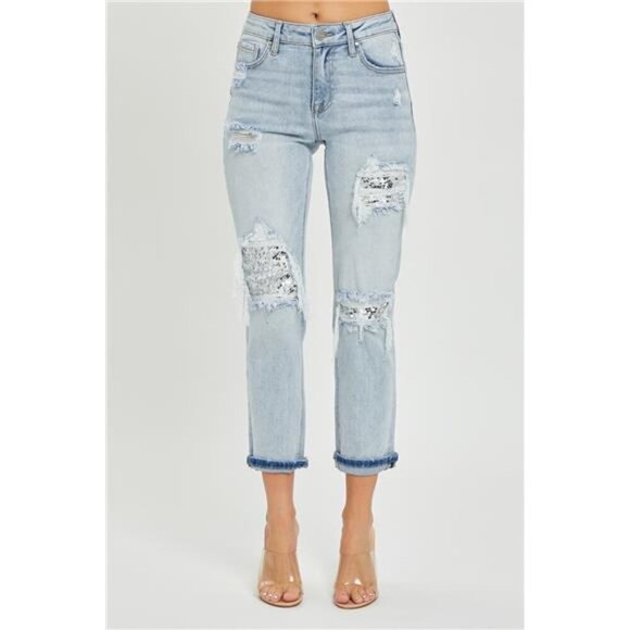 RISEN Mid-Rise Sequin Patched Jeans - Picture 4 of 5
